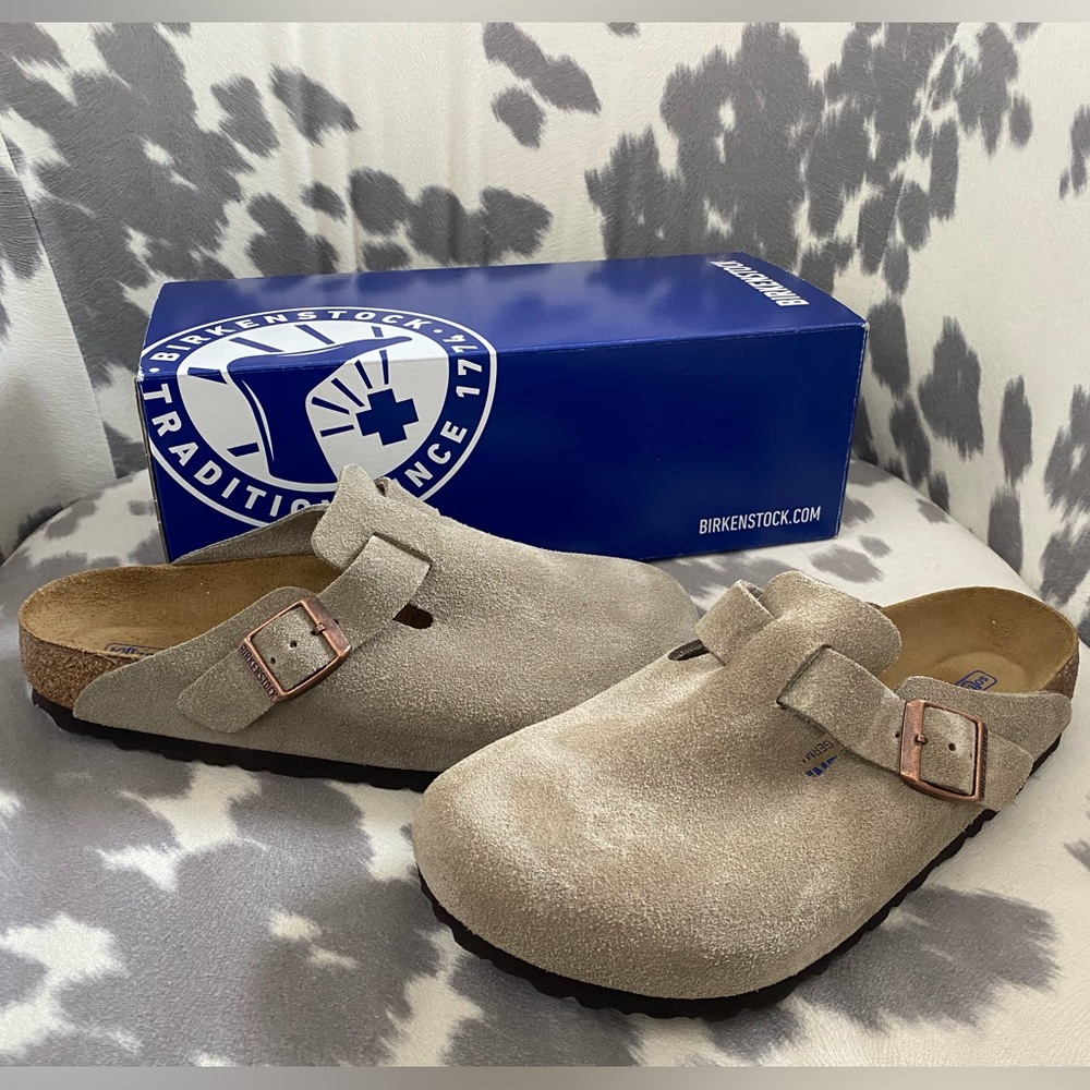 Birkenstock Boston Taupe Suede Clogs